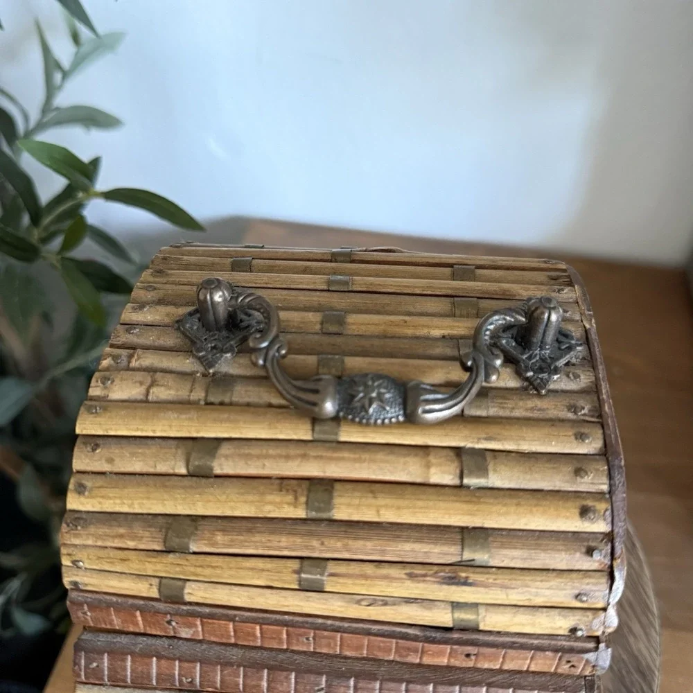 Vintage Bamboo Rattan Wooden Treasure Chest Trinket Box Hinged w/ Metal Latch 6